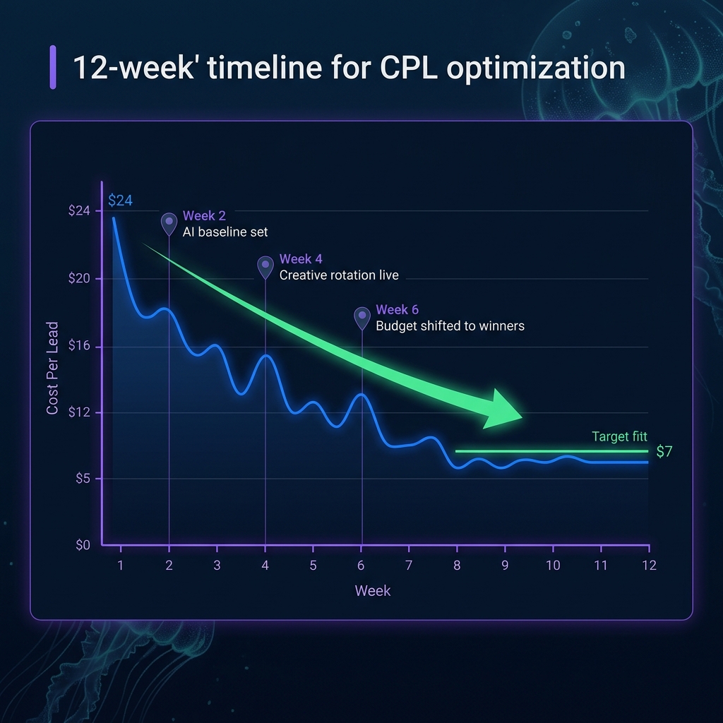 AI paid media CPL reduction chart showing cost per lead dropping from $34 to $7 over 30 days with automated budget optimization