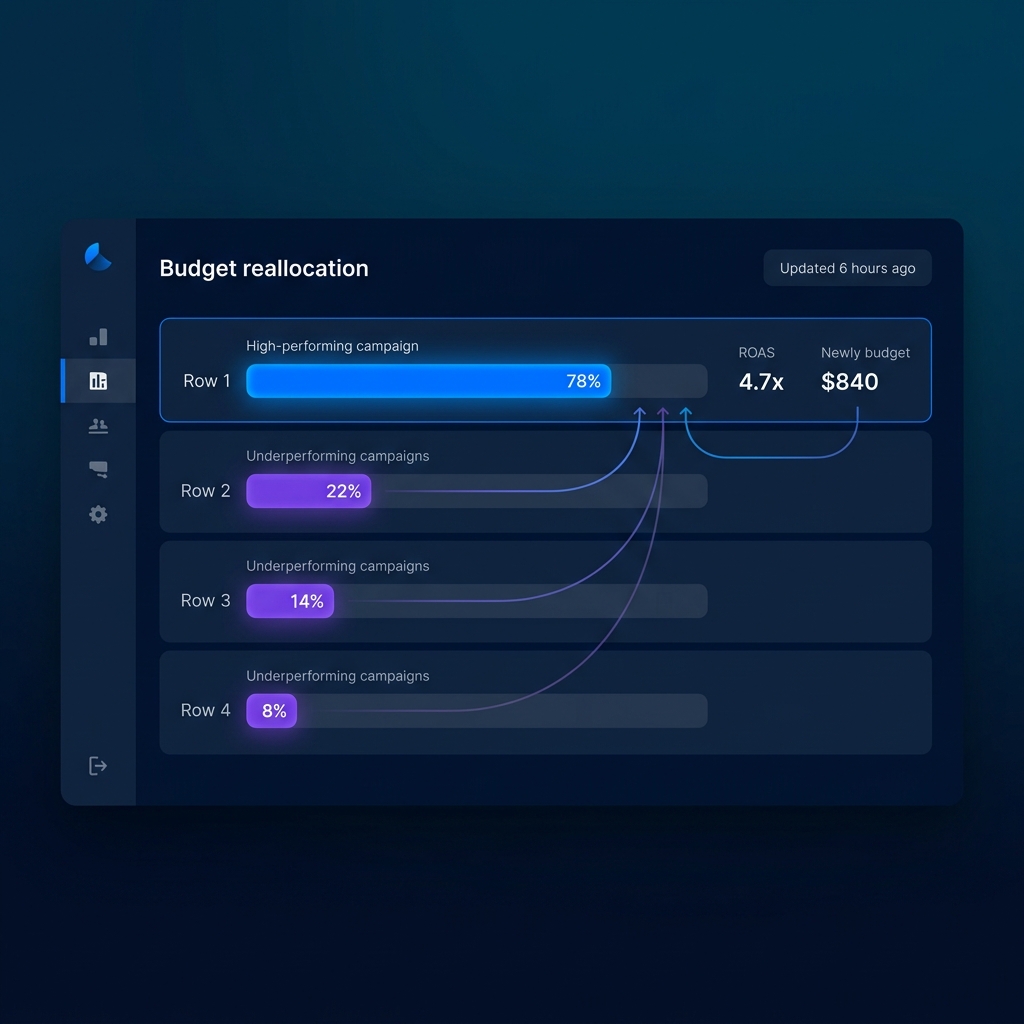 AI paid media optimization workflow - automated ad variation testing, budget reallocation logic, and performance signal monitoring