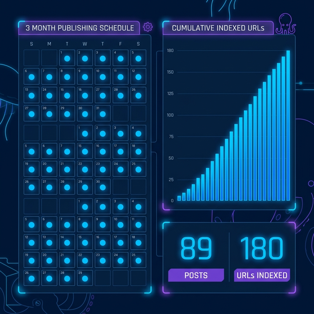 AI SEO content machine architecture - keyword clustering, automated article generation, structured data markup, and internal linking pipeline
