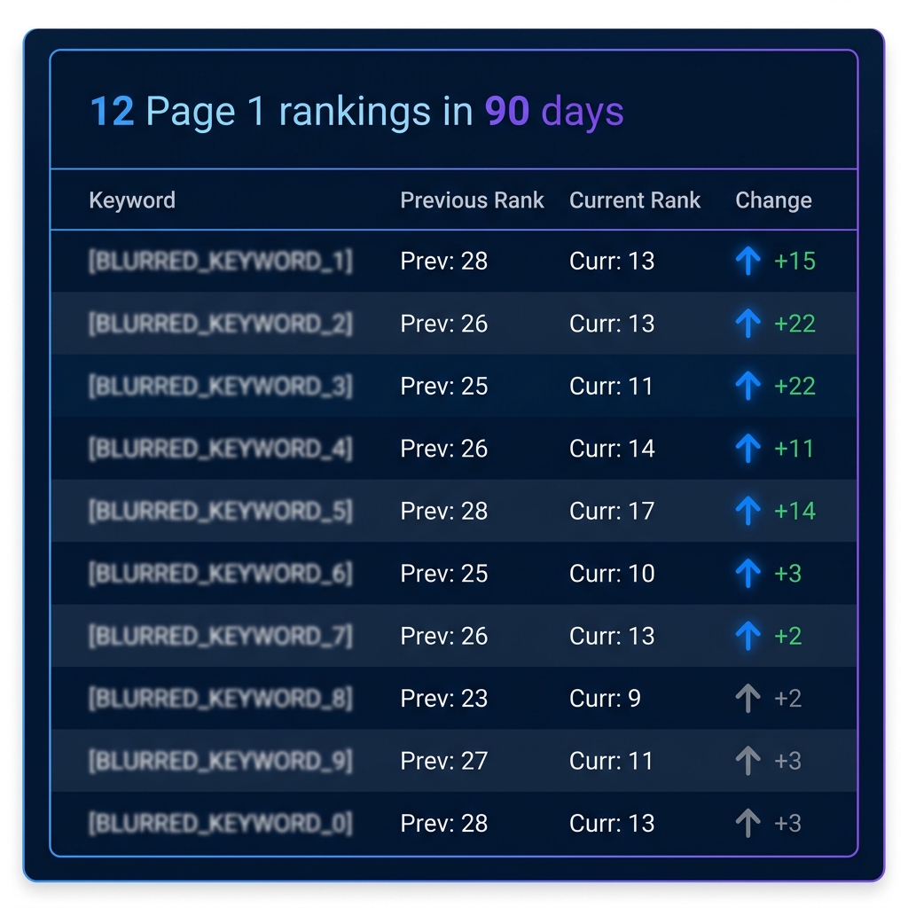SEO ranking tracker showing keyword position improvements after AI content system launched - page one rankings achieved across target queries