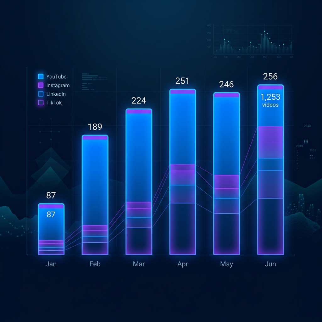 AI video production volume chart - monthly video output growing from zero to 200+ per month across 6 platforms over 6 months