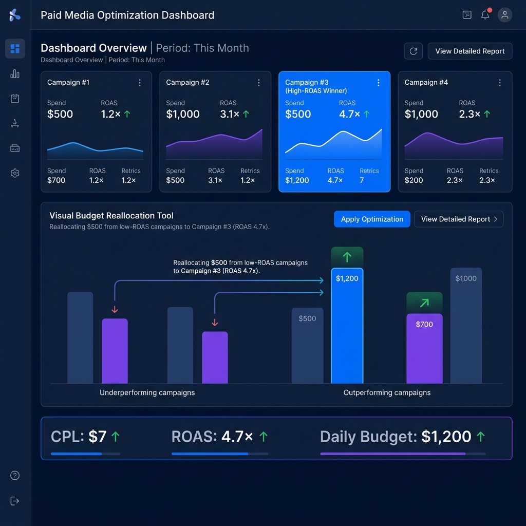 AI paid media management dashboard showing live Meta and Google ad performance - CPL tracking, budget allocation by ad set, and automated winner selection