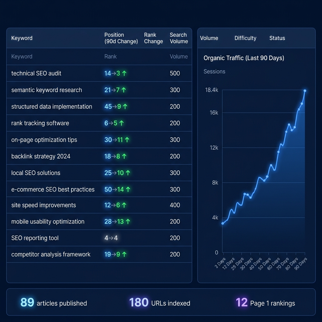 Google Search Console rankings report showing 180 indexed URLs and page-one keyword positions achieved in 90 days by Deep-Y AI SEO system