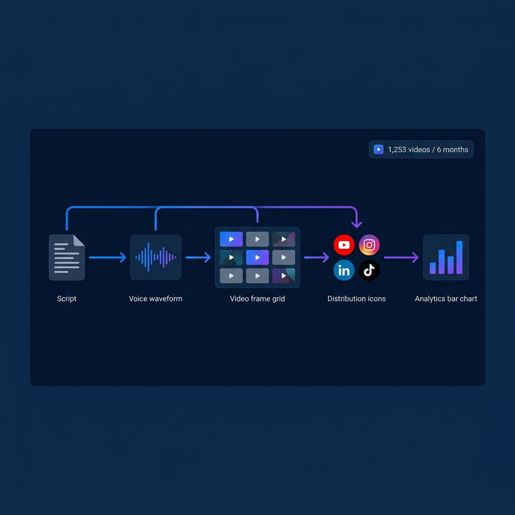 AI video production pipeline diagram - script generation, AI rendering, platform formatting for TikTok, YouTube, LinkedIn, and Instagram, automated publishing schedule